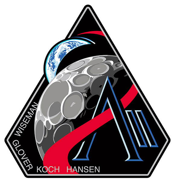 Moon and Earth crescents in a triangular shape. A stylized A, 2 in roman numerals and Wiseman, Glover,Koch, Hansen appear on the bottom.